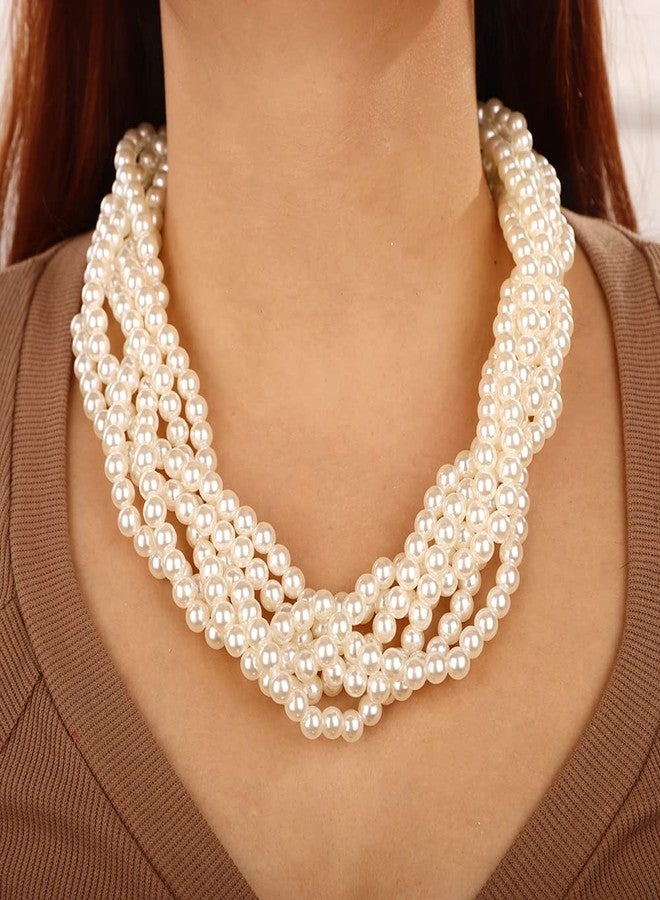 ويوپار قلادة مميزة من اللؤلؤ الأبيض المقلد من Wiwpar، قلادة متعددة الخيوط ملتوية بتصميم صدرية، طقم مجوهرات أزياء مكون من قلادة وأقراط من اللؤلؤ، مجوهرات أزياء من عشرينيات القرن الماضي، مناسبة لحفلات الزفاف (أبيض) - Image 2