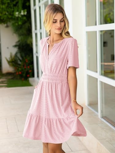 Simplee Apparel Simplee Womens Pink Mini Summer Dress Short Sleeve Eyelet Floral Beach Vacation Sun Dress Ruffle Embroidered Trendy Short Dress with Pockets(Pink M) - Image 2