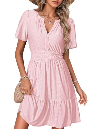 Simplee Apparel Simplee Womens Pink Mini Summer Dress Short Sleeve Eyelet Floral Beach Vacation Sun Dress Ruffle Embroidered Trendy Short Dress with Pockets(Pink M) - Image 1