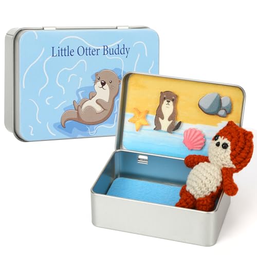 JULEASEL Little Otter Buddy Mini Knitted Otter in Tin Box Cute Collectible Keepsake Travel Buddy Gift for Kids Friends Coworkers - Image 1