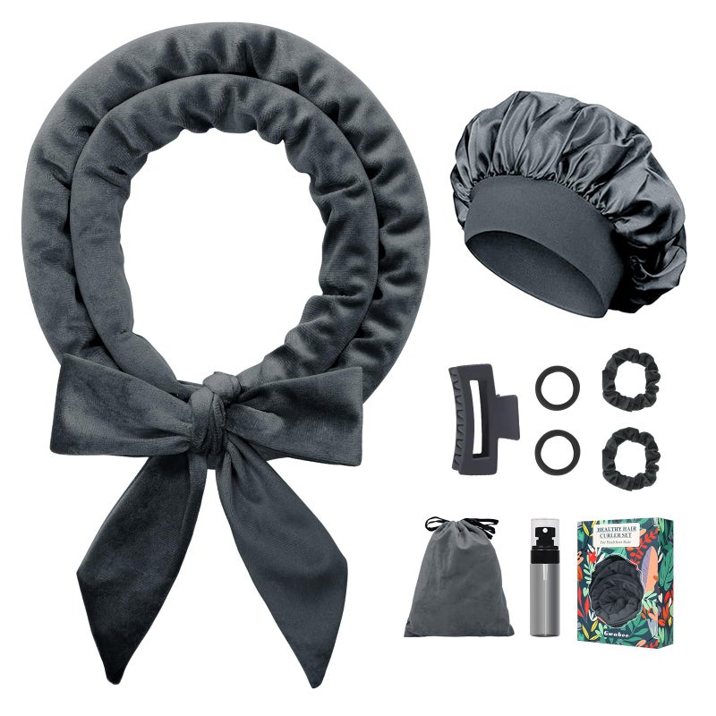 Gwabee No Heat Overnight Hair Curlers Headband, 70" Soft Ribbon Curl Wrap for Long Hair - 9 PCS Curling Rods Set - Grey - Image 1