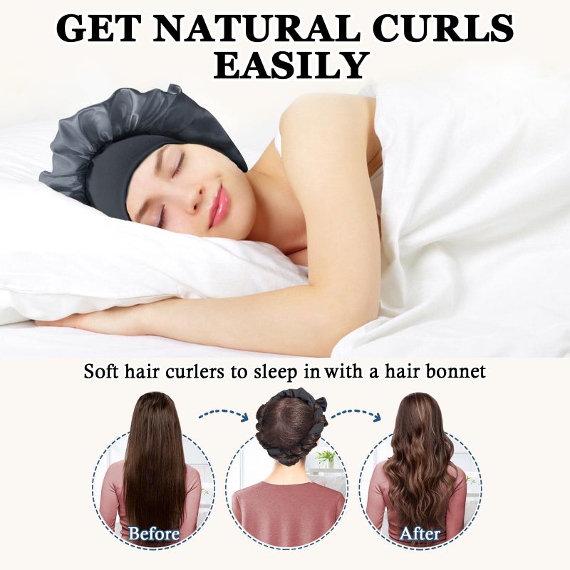 Gwabee No Heat Overnight Hair Curlers Headband, 70" Soft Ribbon Curl Wrap for Long Hair - 9 PCS Curling Rods Set - Grey - Image 2