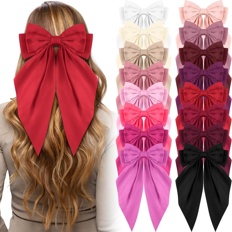 Hoteam 16 Pcs Silky Satin Hair Bows Bulk for Women Large Hair Ribbons Valentines Oversized Bows Galentines Long Tail Large Bow-knot Clips Accessories Gifts(Vibrant) - Image 1