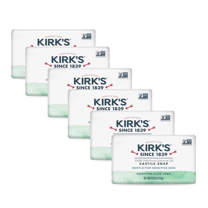 Kirk's Castile Bar Soap for Men, Women & Children - Made with Premium Coconut Oil, Sensitive Skin Formula, Vegan, Non GMO, Aloe Vera, 4 oz. Bars 6 Pack - Image 1