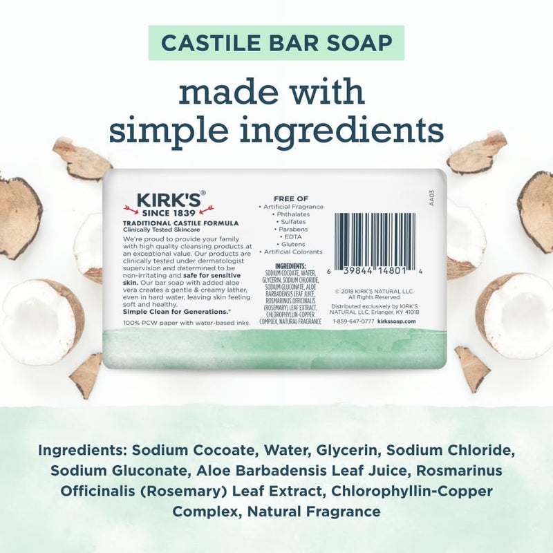 Kirk's Castile Bar Soap for Men, Women & Children - Made with Premium Coconut Oil, Sensitive Skin Formula, Vegan, Non GMO, Aloe Vera, 4 oz. Bars 6 Pack - Image 2