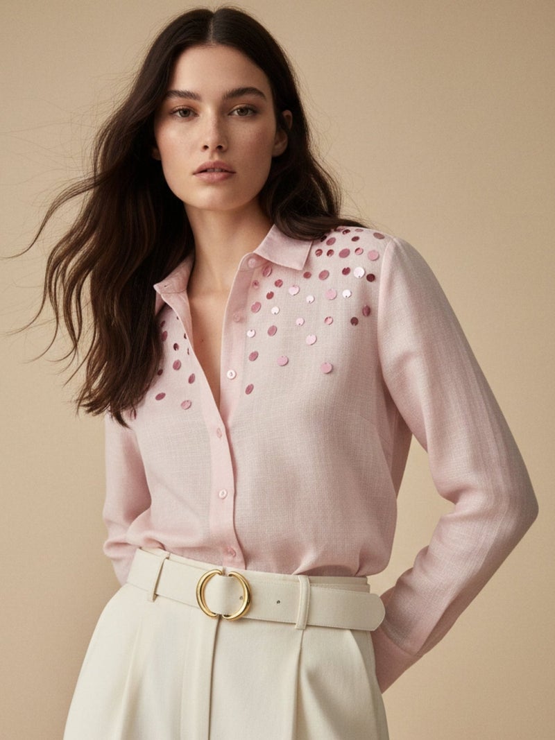 OUTZIDR Pink Elegant Relaxed Fit Womens Shirt With Sequin Embellishment Detail - Image 3