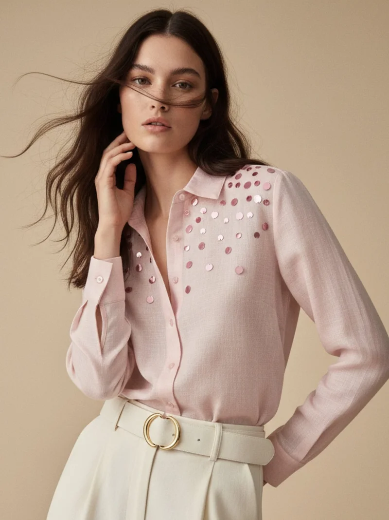 أوجيدر Pink Elegant Relaxed Fit Womens Shirt With Sequin Embellishment Detail