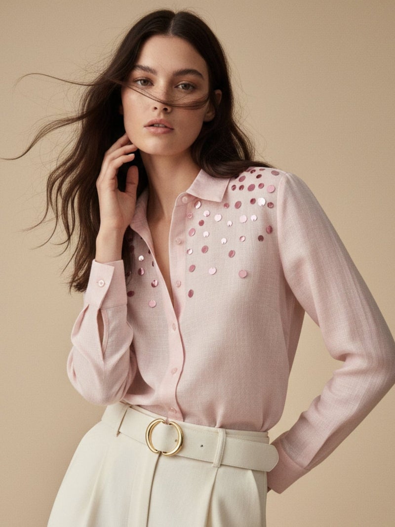 OUTZIDR Pink Elegant Relaxed Fit Womens Shirt With Sequin Embellishment Detail - Image 2