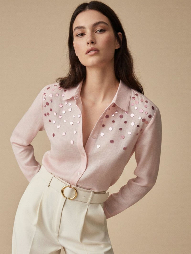 OUTZIDR Pink Elegant Relaxed Fit Womens Shirt With Sequin Embellishment Detail - Image 1