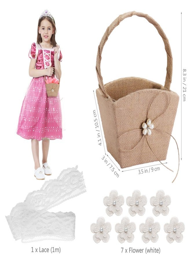 VOSAREA Girl Basket Burlap Wedding Girl Basket Rustic Wedding with Handle for Ceremony Girls Western Rustic Burlap Vintage - Image 2