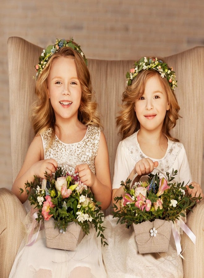 VOSAREA Girl Basket Burlap Wedding Girl Basket Rustic Wedding with Handle for Ceremony Girls Western Rustic Burlap Vintage - Image 3