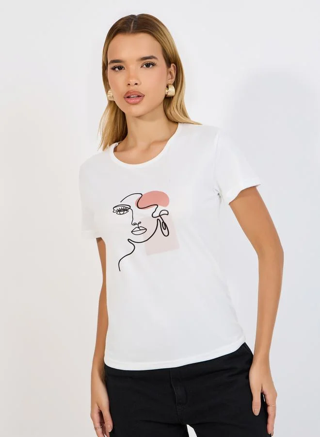 Styli Regular Fit Face Graphic Print T-Shirt