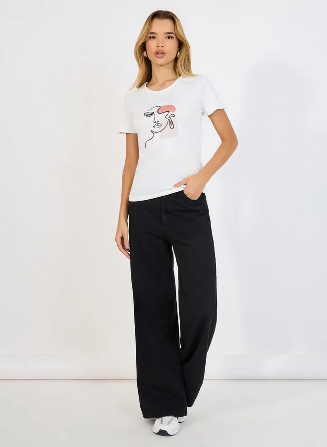 Styli Regular Fit Face Graphic Print T-Shirt