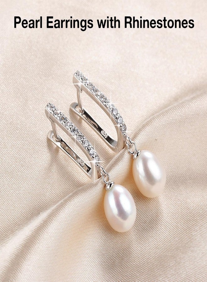 هينجشينج طقم مجوهرات لؤلؤ هينغشنغ للنساء، قلادة وأقراط من الفضة الإسترليني عيار 925 مرصعة بأحجار الراين البراقة، طقم مجوهرات مثالي لحفلات الزفاف والخطوبة - أبيض - Image 5