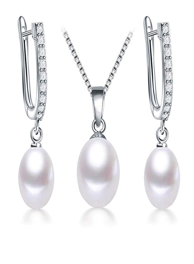 هينجشينج طقم مجوهرات لؤلؤ هينغشنغ للنساء، قلادة وأقراط من الفضة الإسترليني عيار 925 مرصعة بأحجار الراين البراقة، طقم مجوهرات مثالي لحفلات الزفاف والخطوبة - أبيض - Image 1