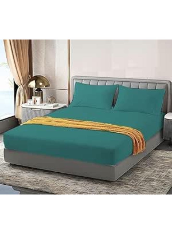 Plain fitted sheet set with elastic edges for hotels, homes, and resorts from Nunu Store, 3 pieces, green, 160cm x 200cm x 30cm, green cotton