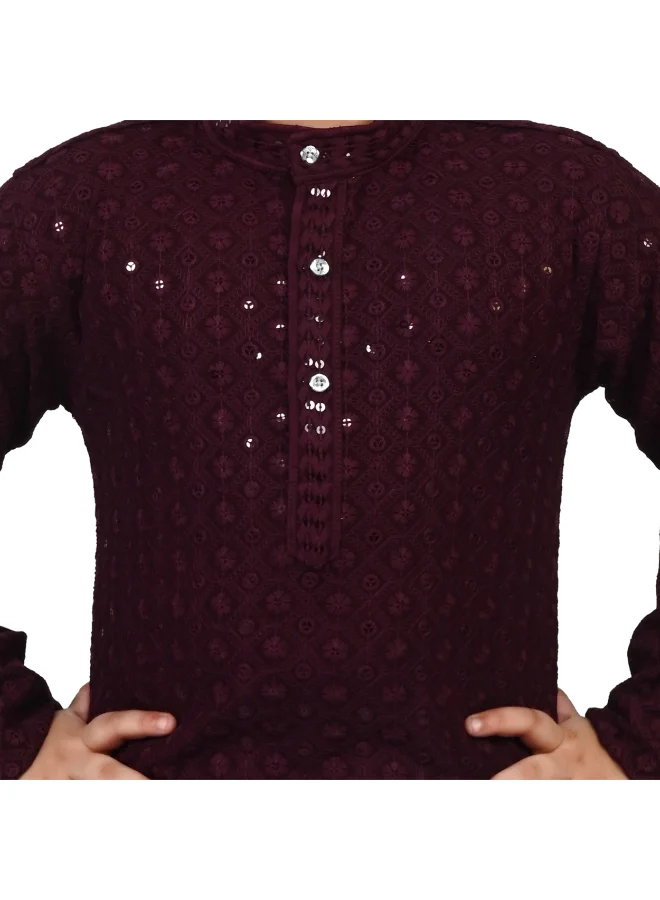 BT DEZINES Wine Chikankari Kurta and Pyjama Set for Boys