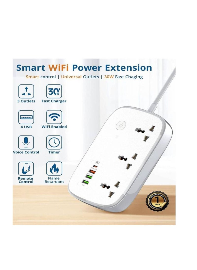 JBQ Wifi Smart Power Strip Extension Cord Surge Protector Socket Multi Plug Compatible with Alexa & Google Assistant 3 Universal Electrical Outlets 30W USB-C Fast Charging 4 USB-A 2M Cable  - Image 2