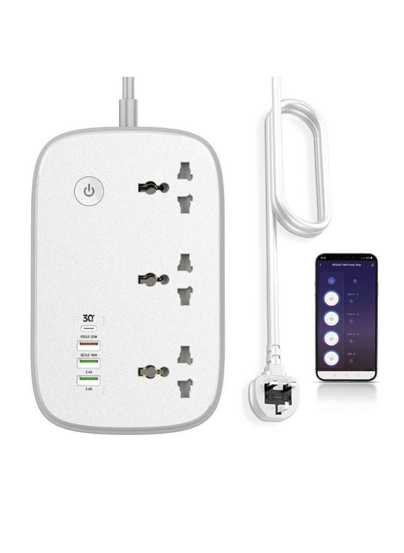 JBQ Wifi Smart Power Strip Extension Cord Surge Protector Socket Multi Plug Compatible with Alexa & Google Assistant 3 Universal Electrical Outlets 30W USB-C Fast Charging 4 USB-A 2M Cable  - Image 1