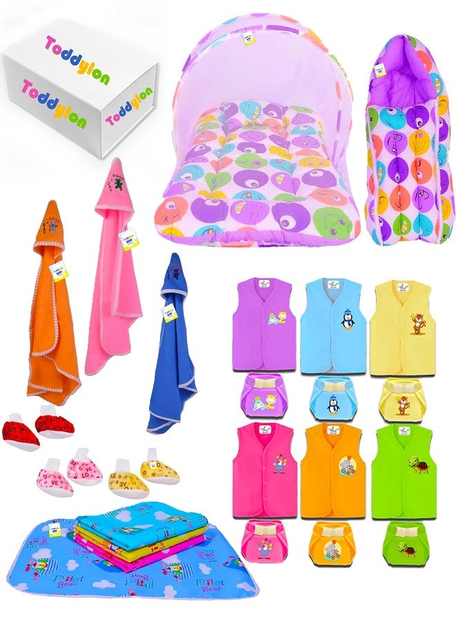Toddylon New Born Baby Complete Daily Items Combo of Daily Essential Items in Single Packet Cotton Essentials Gift Set Hospital Bag | Maternity Kit for Baby | Pack of 25 Items (0-6 Months) (Purple) - Image 1