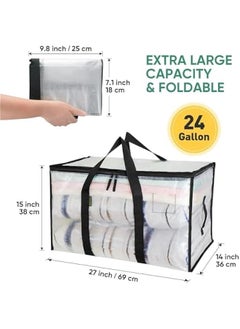 HOOKOR Bedding Foldable Clothes Organizer Quilt Bag Thicken Clothes Pouch Bag for Moving House Comforter Bags with Zipper Quilt Holder Quilt Container 24 Gallon Storage Moving Bag (2 Pack,Clear)  - Image 2