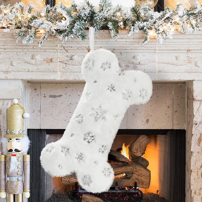 Senneny Snowy White Plush Pet Dog Christmas Stocking Silver Snowflake Sequin Dog Christmas Stockings Large Bone Shape Faux Fur Hanging Christmas Holiday Season Party Decor for Pets Dogs