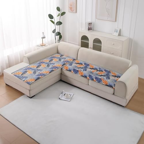 HOKIPO 'LiefNest' Printed Holland Velvet L Shape (2+2 Seater) Sofa Cover Seat Mat with Foam Filling, Tropical Leaves Dusk Blue (IN-822-D5 + IN-823-D5) - Image 1