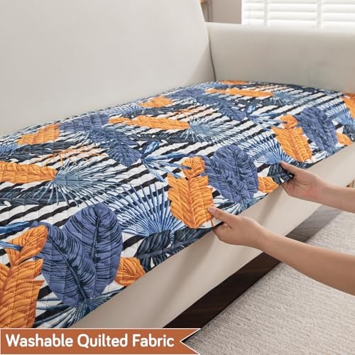 HOKIPO 'LiefNest' Printed Holland Velvet L Shape (2+2 Seater) Sofa Cover Seat Mat with Foam Filling, Tropical Leaves Dusk Blue (IN-822-D5 + IN-823-D5) - Image 5