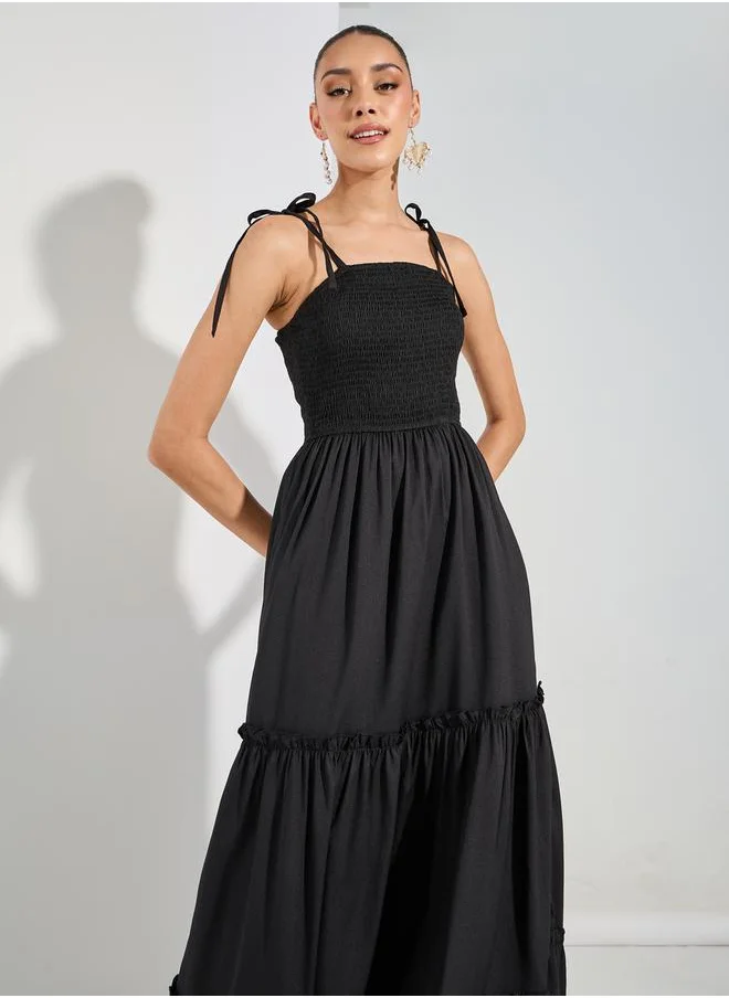 Styli Tie-Up Strap Shirred Yoke Maxi Dress