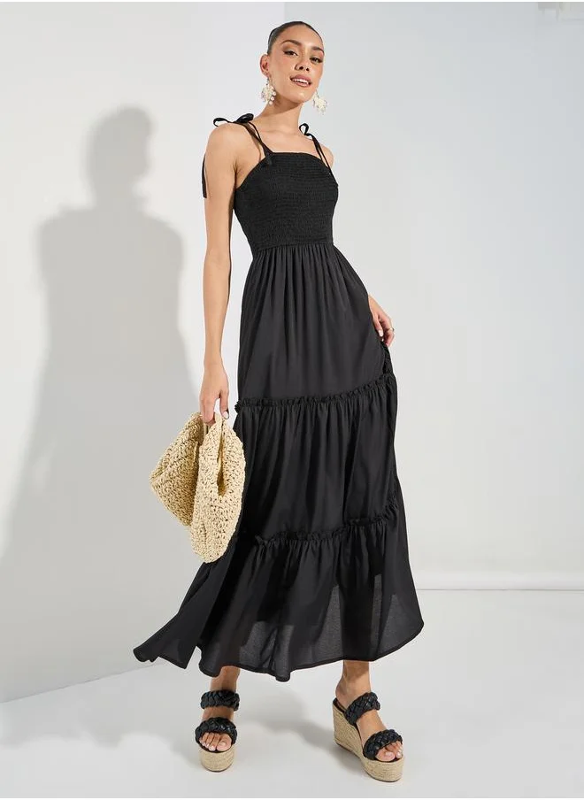 Styli Tie-Up Strap Shirred Yoke Maxi Dress