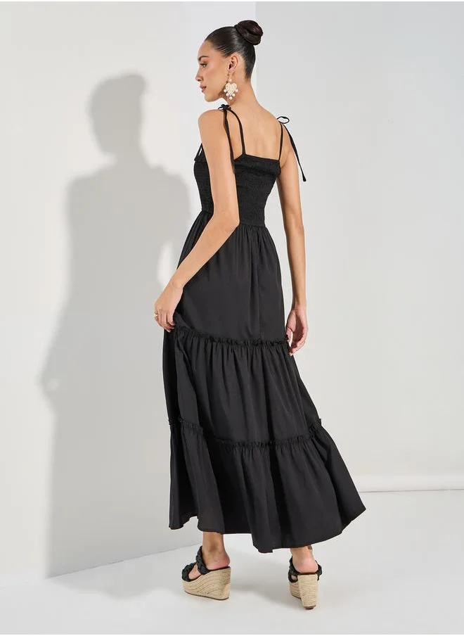 Styli Tie-Up Strap Shirred Yoke Maxi Dress