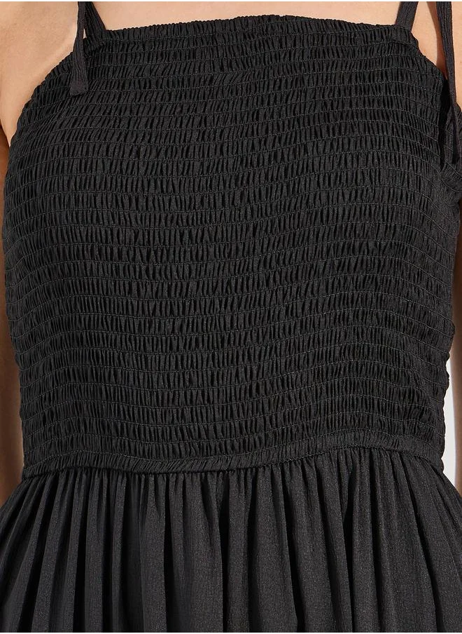 Styli Tie-Up Strap Shirred Yoke Maxi Dress