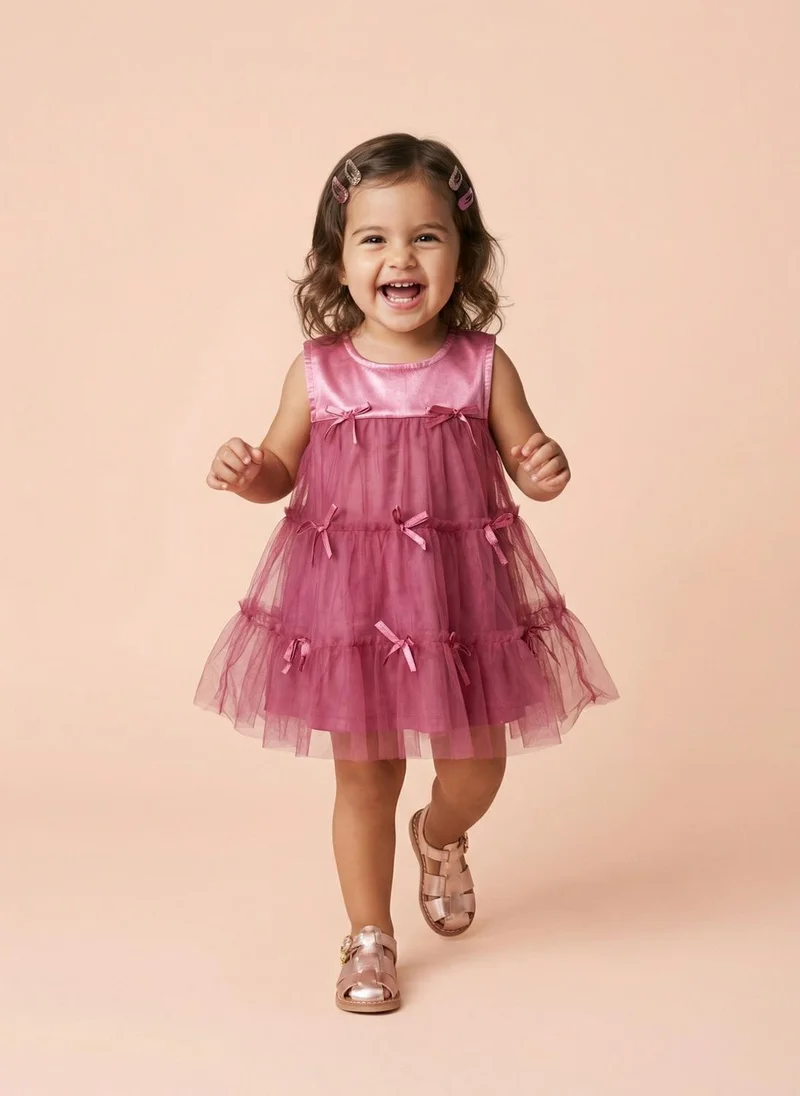 نوتيناتي Nautinati Baby Girls' A-line Tiered Mesh Solid Party Dress with Bows & Cotton Lining
