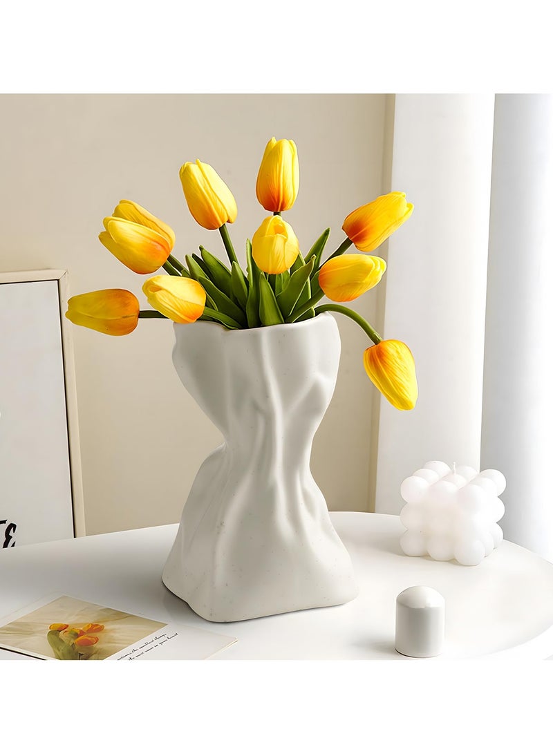 XiuWoo Unique crinkle grab paper bag design matte ceramic vase, boho flower vase for modern home decor, wedding dinner table party office decorative white  - Image 2