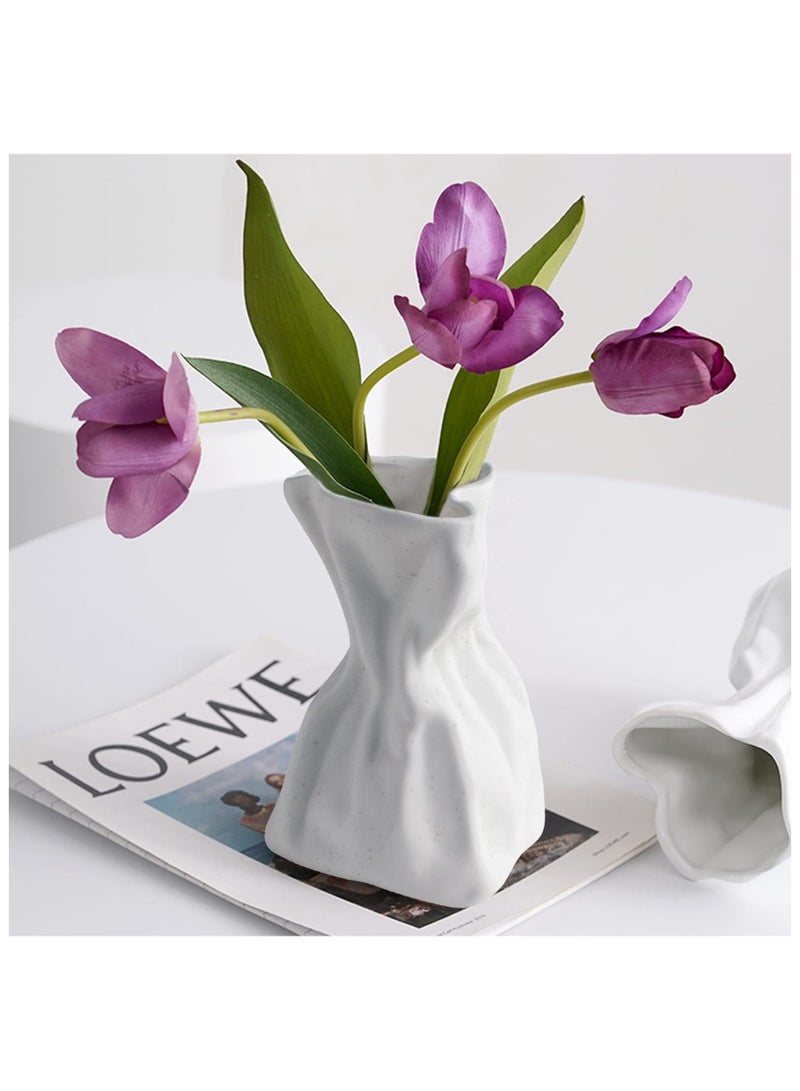 XiuWoo Unique crinkle grab paper bag design matte ceramic vase, boho flower vase for modern home decor, wedding dinner table party office decorative white  - Image 3