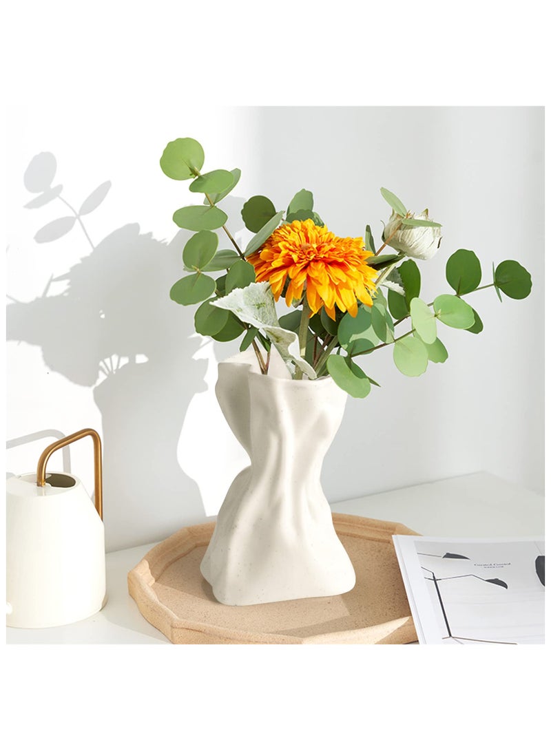 XiuWoo Unique crinkle grab paper bag design matte ceramic vase, boho flower vase for modern home decor, wedding dinner table party office decorative white  - Image 4
