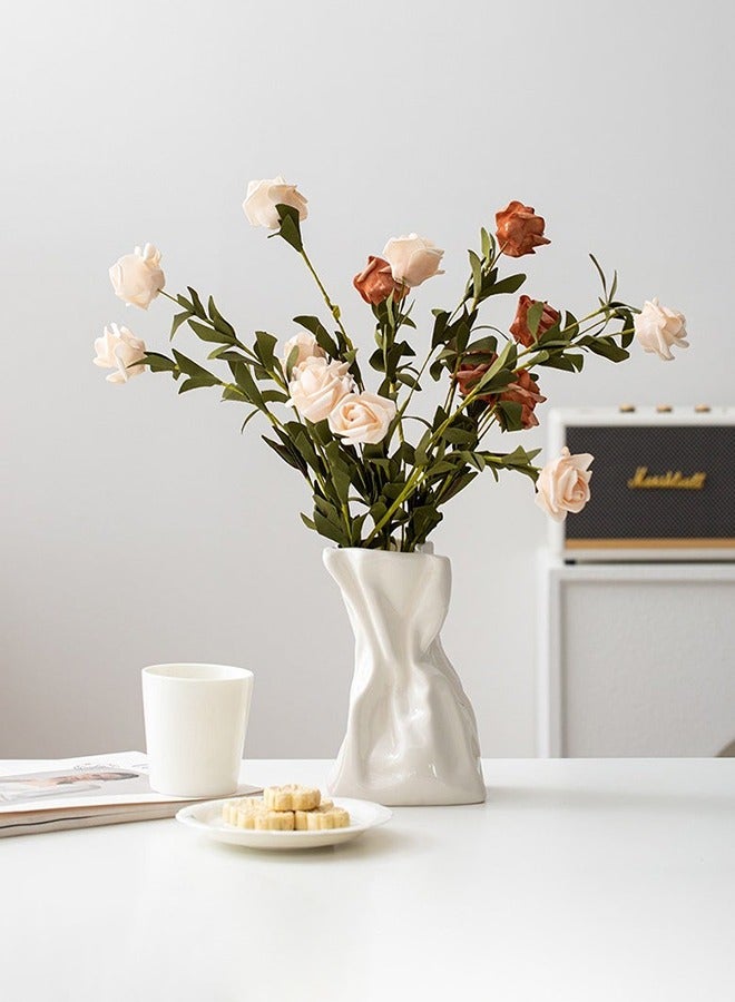 XiuWoo Unique crinkle grab paper bag design matte ceramic vase, boho flower vase for modern home decor, wedding dinner table party office decorative white  - Image 1