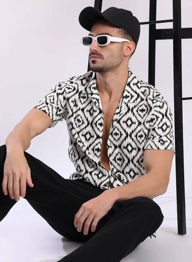 Styli Men White All Over Print Resort Collar Shirt By Bene Kleed