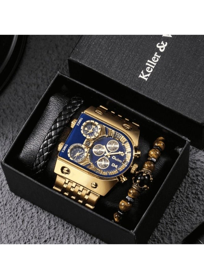 Oulm Luxury Gold Watch Men Full Steel Calendar Big Dial Quartz Wristwatch Bracelets Gift Set - Image 1