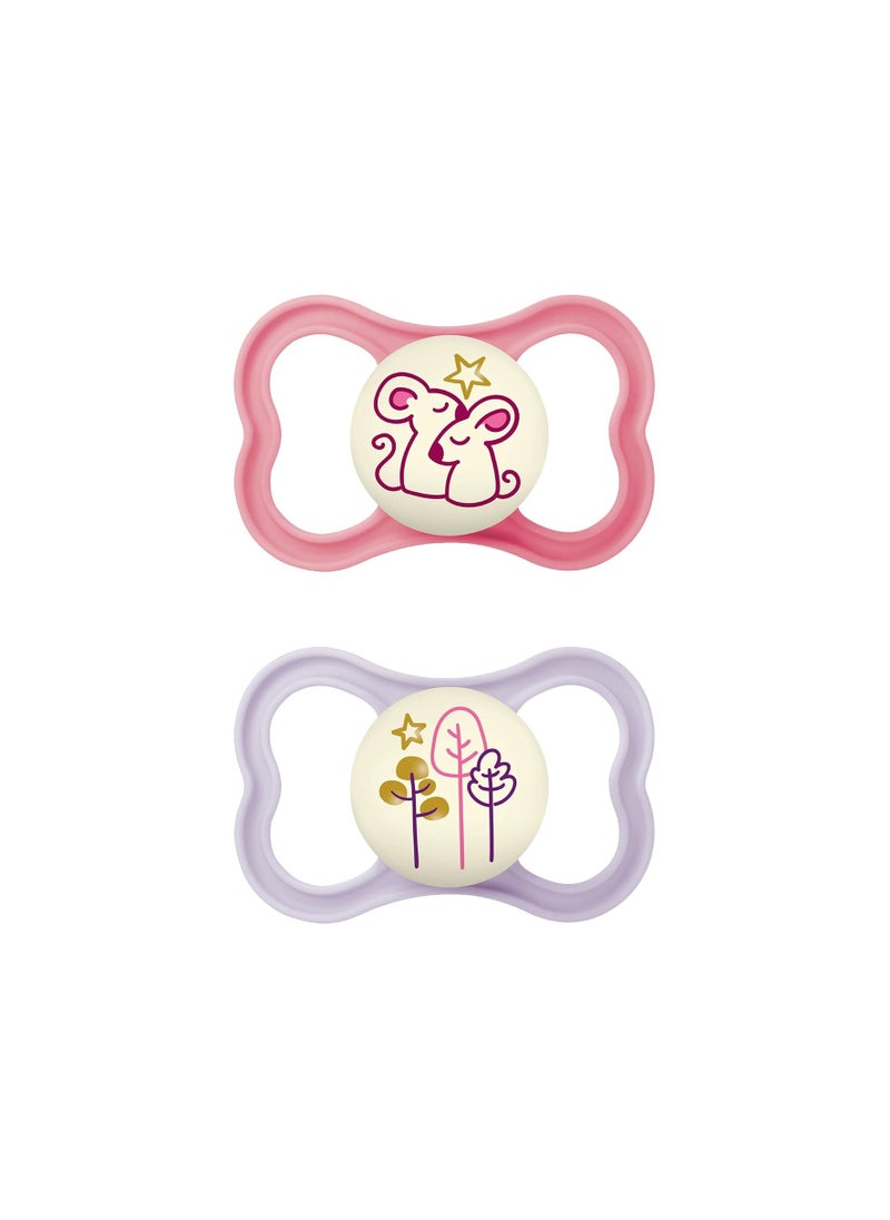 MAM MAM Air Night Baby Pacifier, for Sensitive Skin, Glows in The Dark, 2 Pack, 6-16 Months, Girl, Designs May Vary  - Image 1
