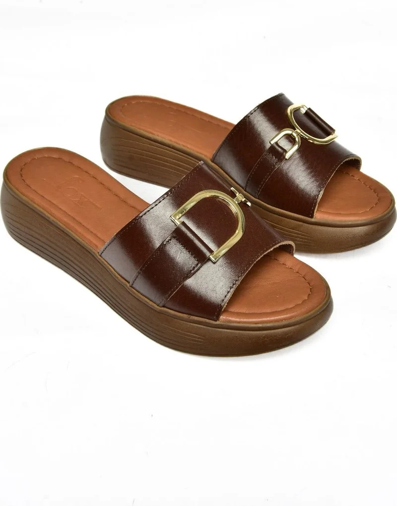 Fox Shoes P291049403 Brown Leather High-Sole Daily Women's Slippers