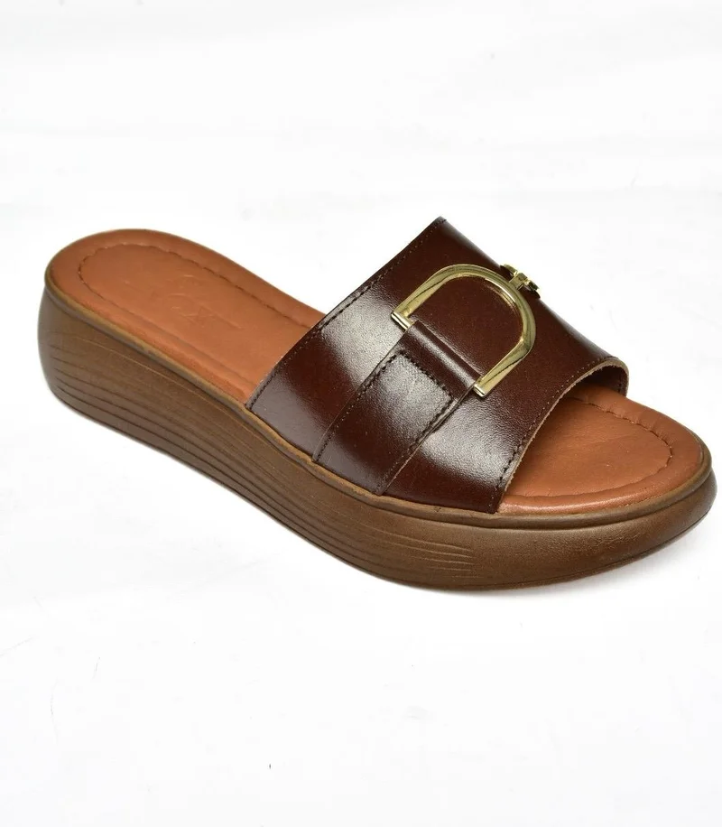 Fox Shoes P291049403 Brown Leather High-Sole Daily Women's Slippers