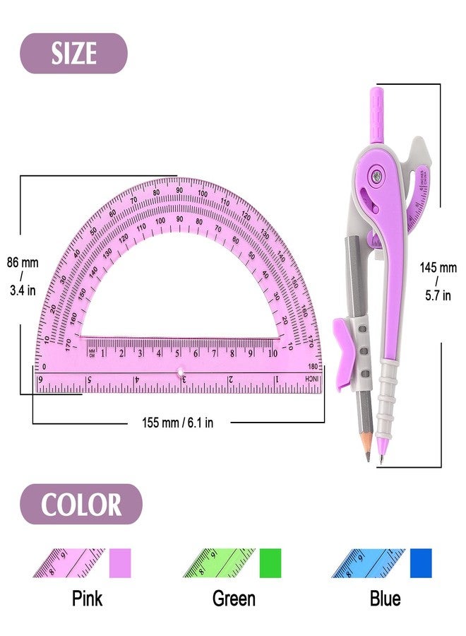 ZZTX Compass and Protractor Set for Geometry, 180-Degree Protractor and Compass for Students, Math Drawing Tools, 3 Colors - Image 2