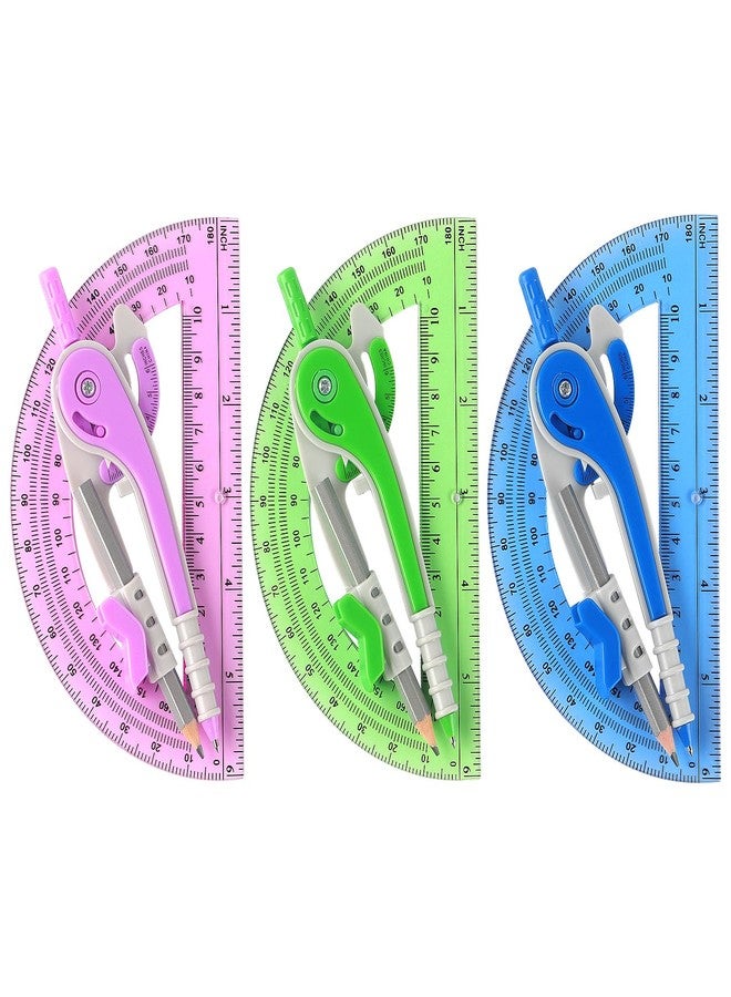 ZZTX Compass and Protractor Set for Geometry, 180-Degree Protractor and Compass for Students, Math Drawing Tools, 3 Colors - Image 1