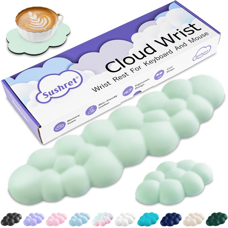Sushret Cloud Wrist Rest Keyboard, Cloud Keyboard Wrist Pad Set with PU Leather Memory Foam, Cute Arm Rest for Palm Support, PC/Gaming Desk Accessories/Office Setup/Computer Hand Cushion - Light Green - Image 1