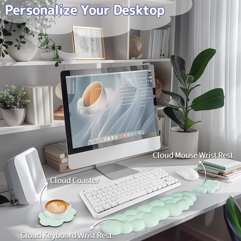 Sushret Cloud Wrist Rest Keyboard, Cloud Keyboard Wrist Pad Set with PU Leather Memory Foam, Cute Arm Rest for Palm Support, PC/Gaming Desk Accessories/Office Setup/Computer Hand Cushion - Light Green - Image 2