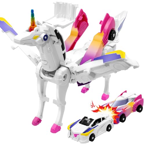 Intoypad Unicorn Collision Transforming Cars Toy for Girls Boys 2 Magnetic Cars Transform into Magical Unicorn Collision Transforming Robot Cars Toy Deformation Christmas Birthday Gifts for Kids Pink - Image 1