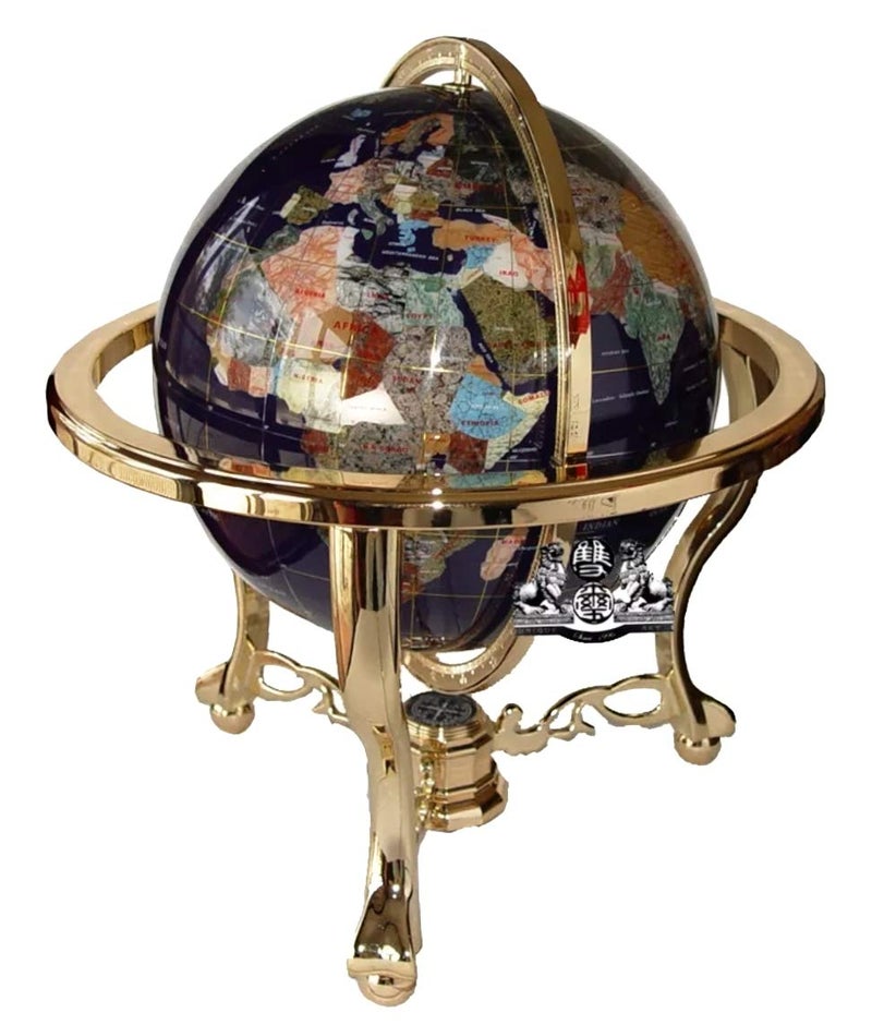 Unique Art 21Inch Tall Blue Lapis Ocean Table Top Gemstone World Globe with Gold Tripod