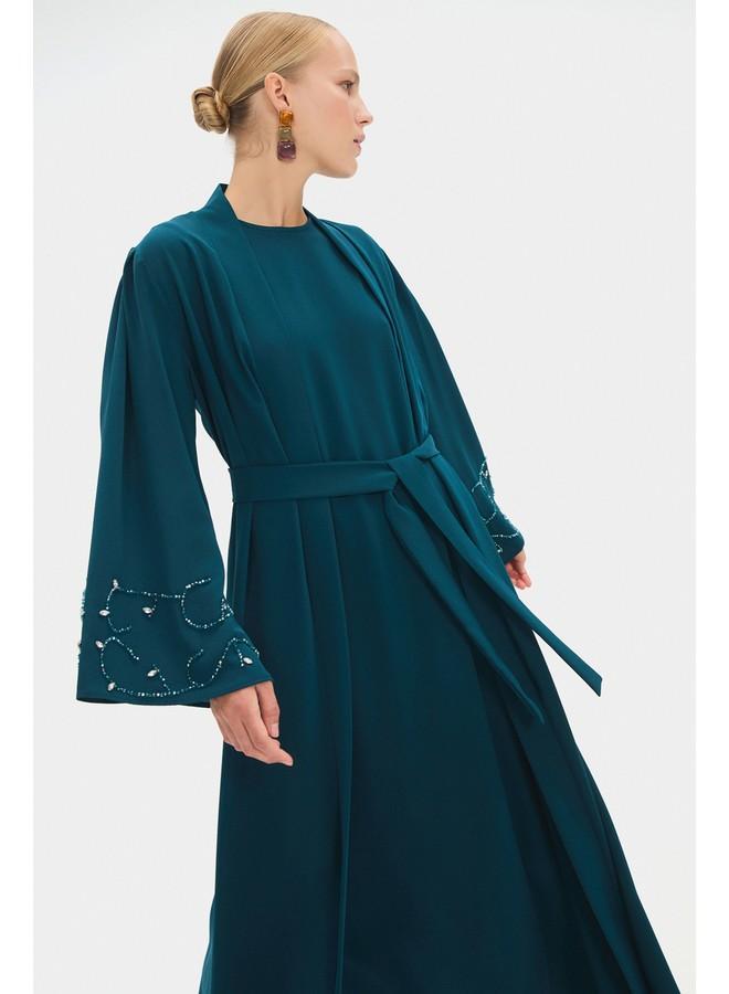 JUNE Women Sleeve Embroidered and Waist Tie Detailed Abaya Teal - Image 3