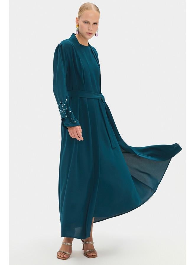 JUNE Women Sleeve Embroidered and Waist Tie Detailed Abaya Teal - Image 2